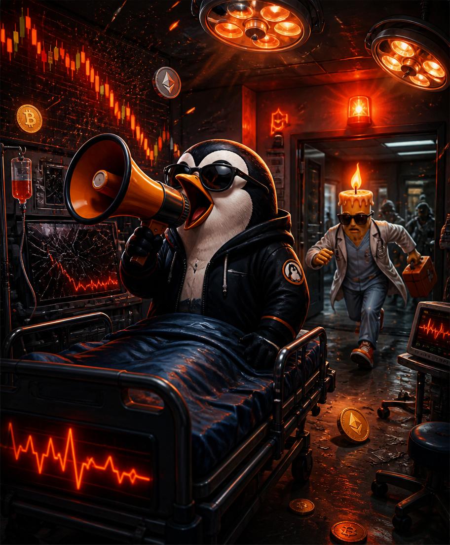 ER Hot Takes ward with Pengu yelling through a megaphone while Dr. Candle rushes in.